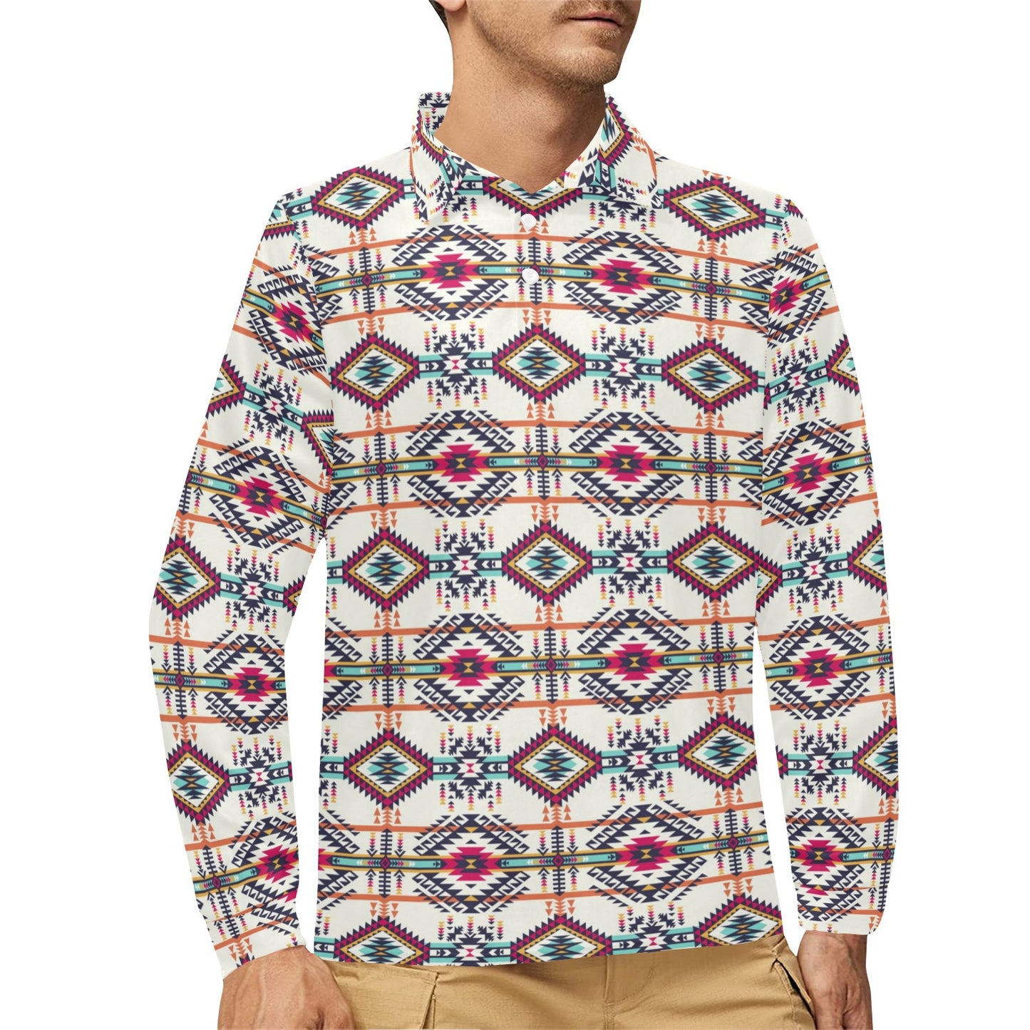 Indian Navajo Art Themed Design Print Long Sleeve Polo Shirt For Men's
