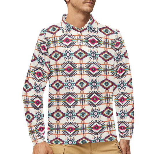 Indian Navajo Art Themed Design Print Long Sleeve Polo Shirt For Men's