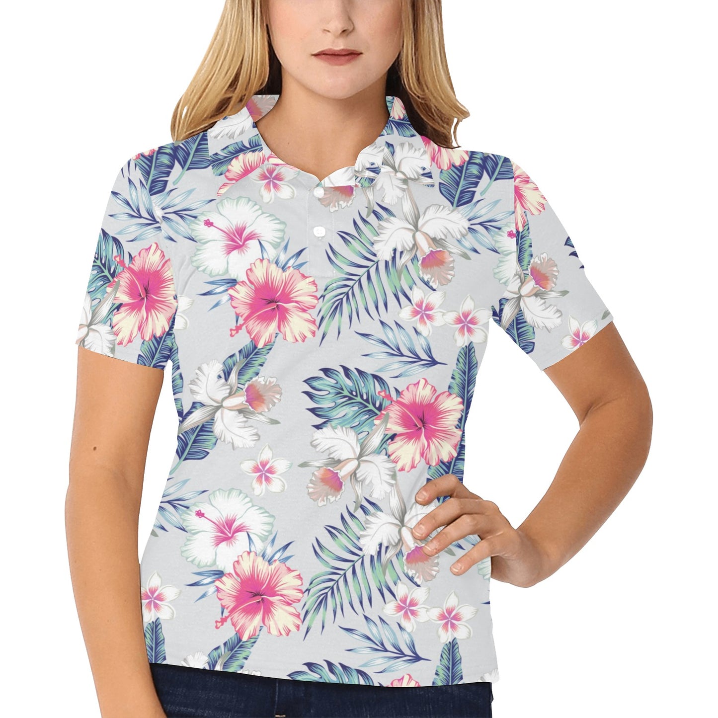 Hibiscus Print Women's Polo Shirt