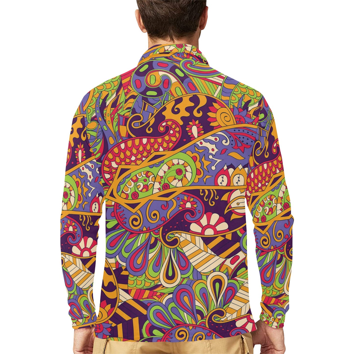 Funky Retro Pattern Print Design A04 Long Sleeve Polo Shirt For Men's