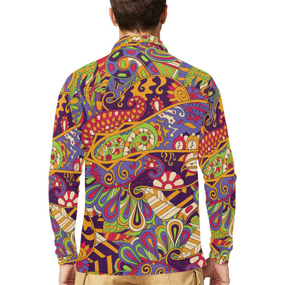 Funky Retro Pattern Print Design A04 Long Sleeve Polo Shirt For Men's