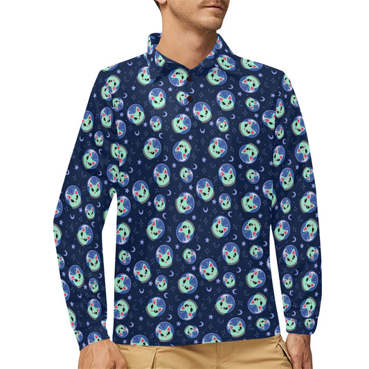 Alien Cat Long Sleeve Polo Shirt For Men's