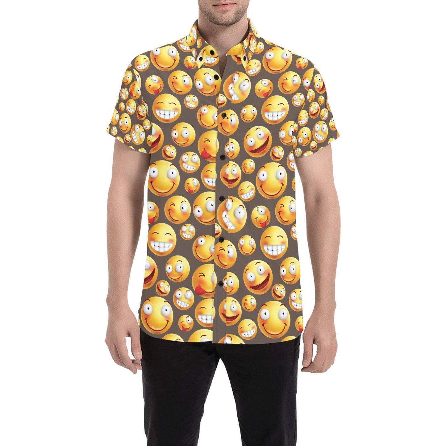Smiley Face Emoji Print Design LKS303 Men Short Sleeve Button Up Shirt