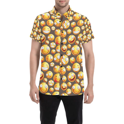 Smiley Face Emoji Print Design LKS303 Men Short Sleeve Button Up Shirt