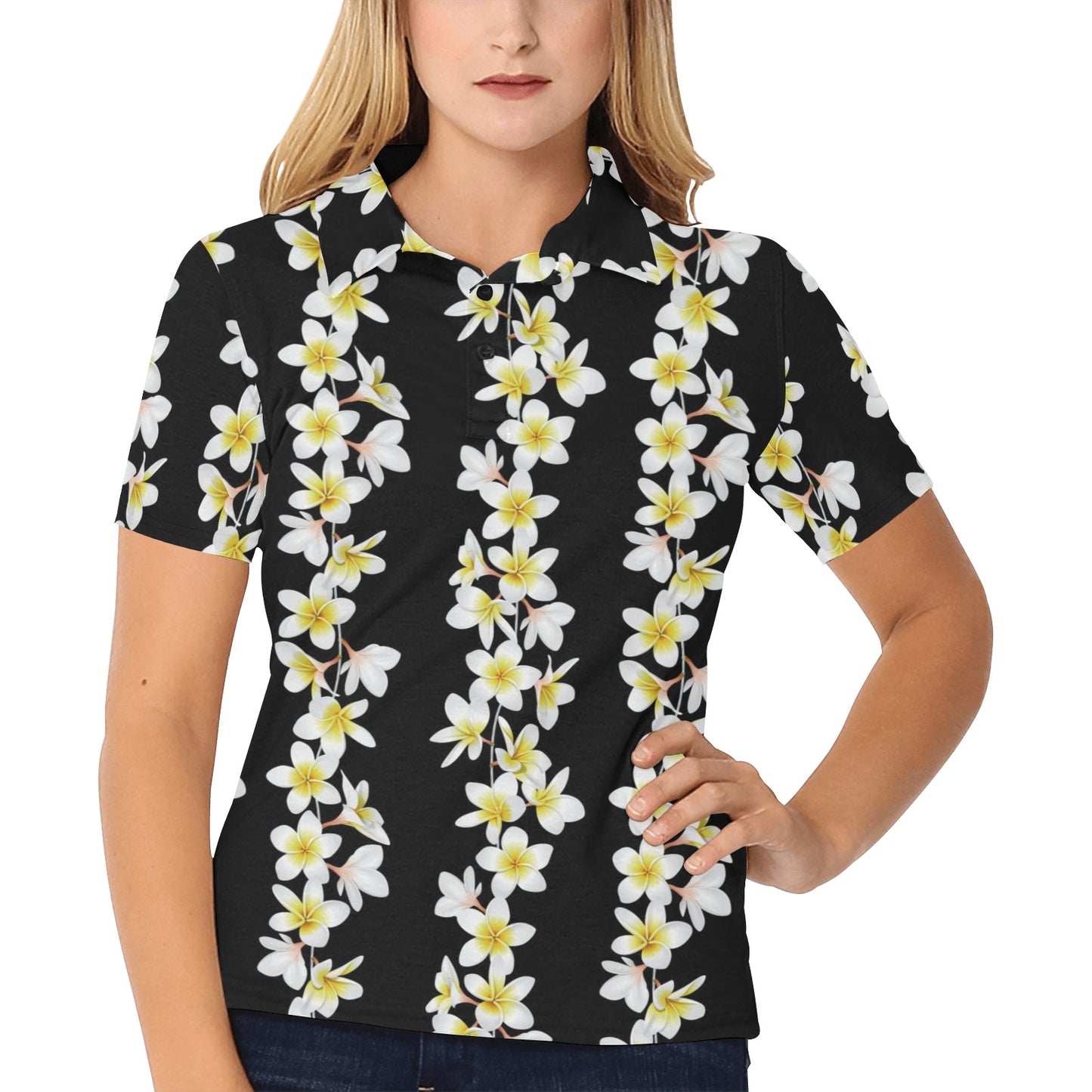 White Plumeria Pattern Print Design PM08 Women's Polo Shirt