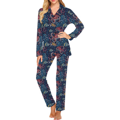 Octopus Deep Sea Print Themed Women's Long Pajama Set