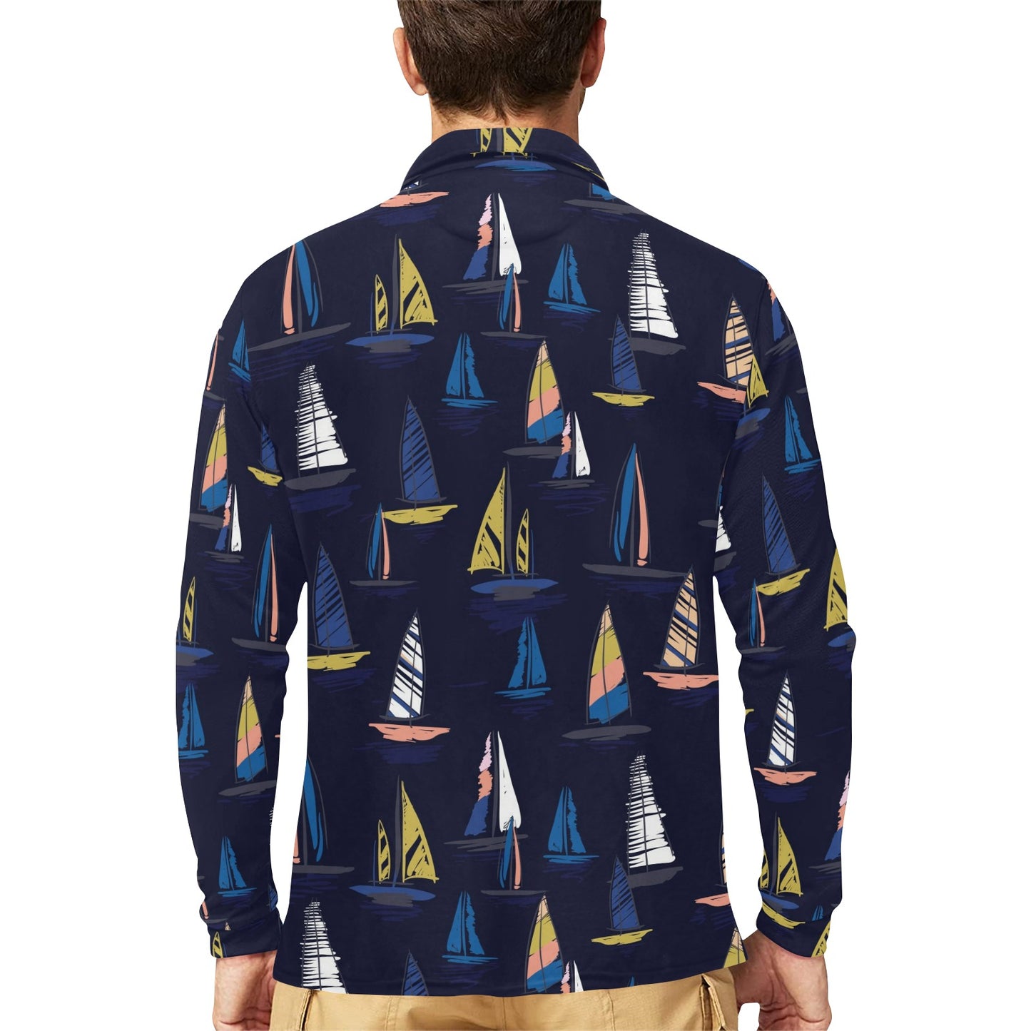 Sailing Ships Pattern Print Design A03 Long Sleeve Polo Shirt For Men's