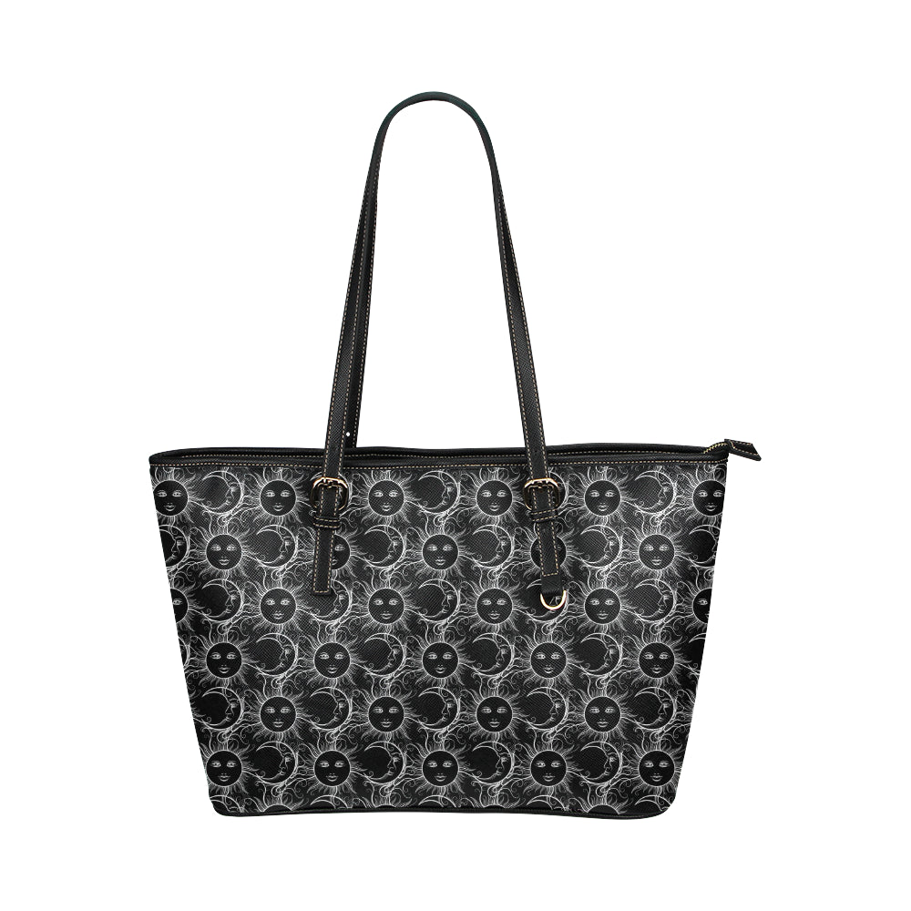Sun Moon White Design Themed Print Leather Tote Bag