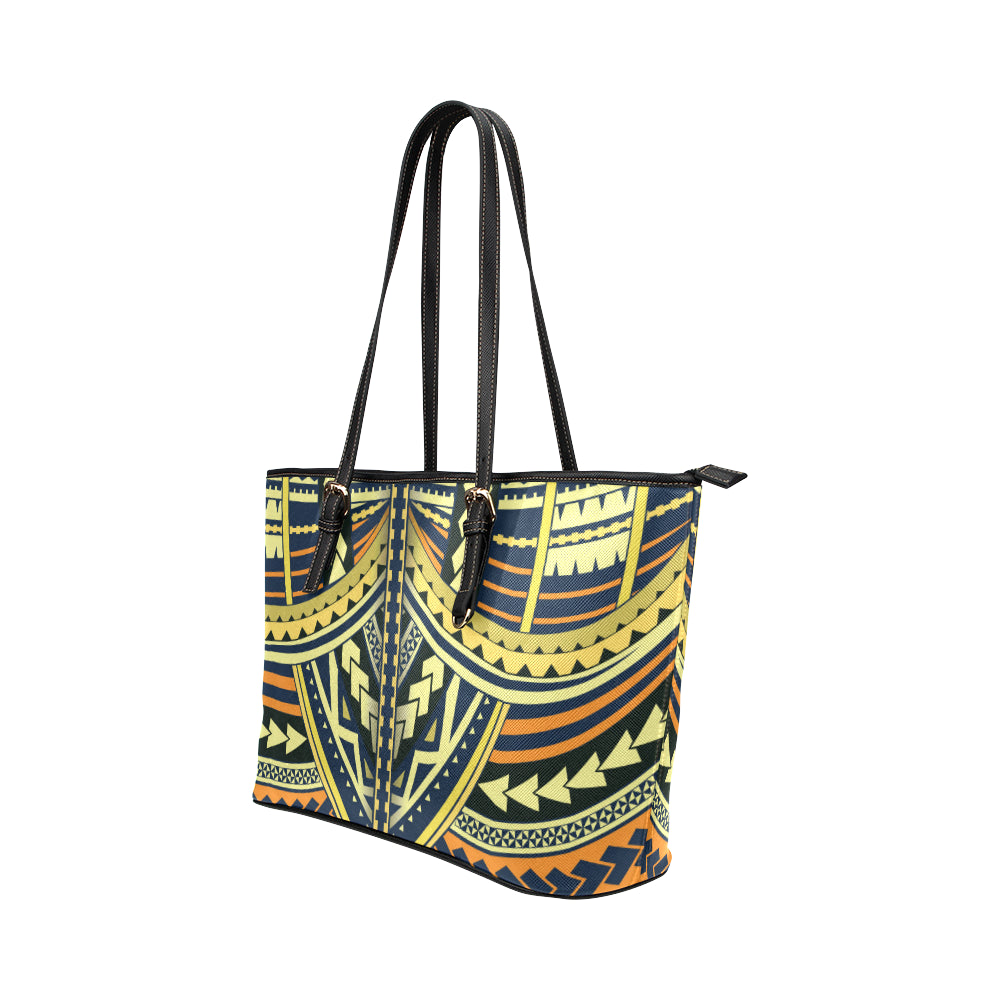 Polynesian Tattoo Print Leather Tote Bag