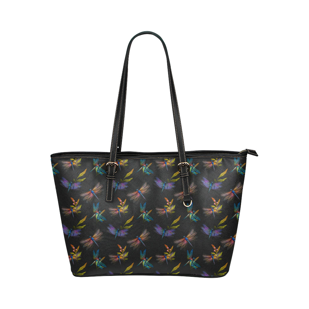 Dragonfly Colorful Realistic Print Leather Tote Bag
