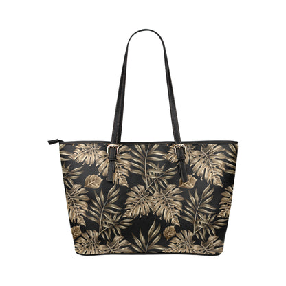 Brown Tropical Palm Leaves Leather Tote Bag