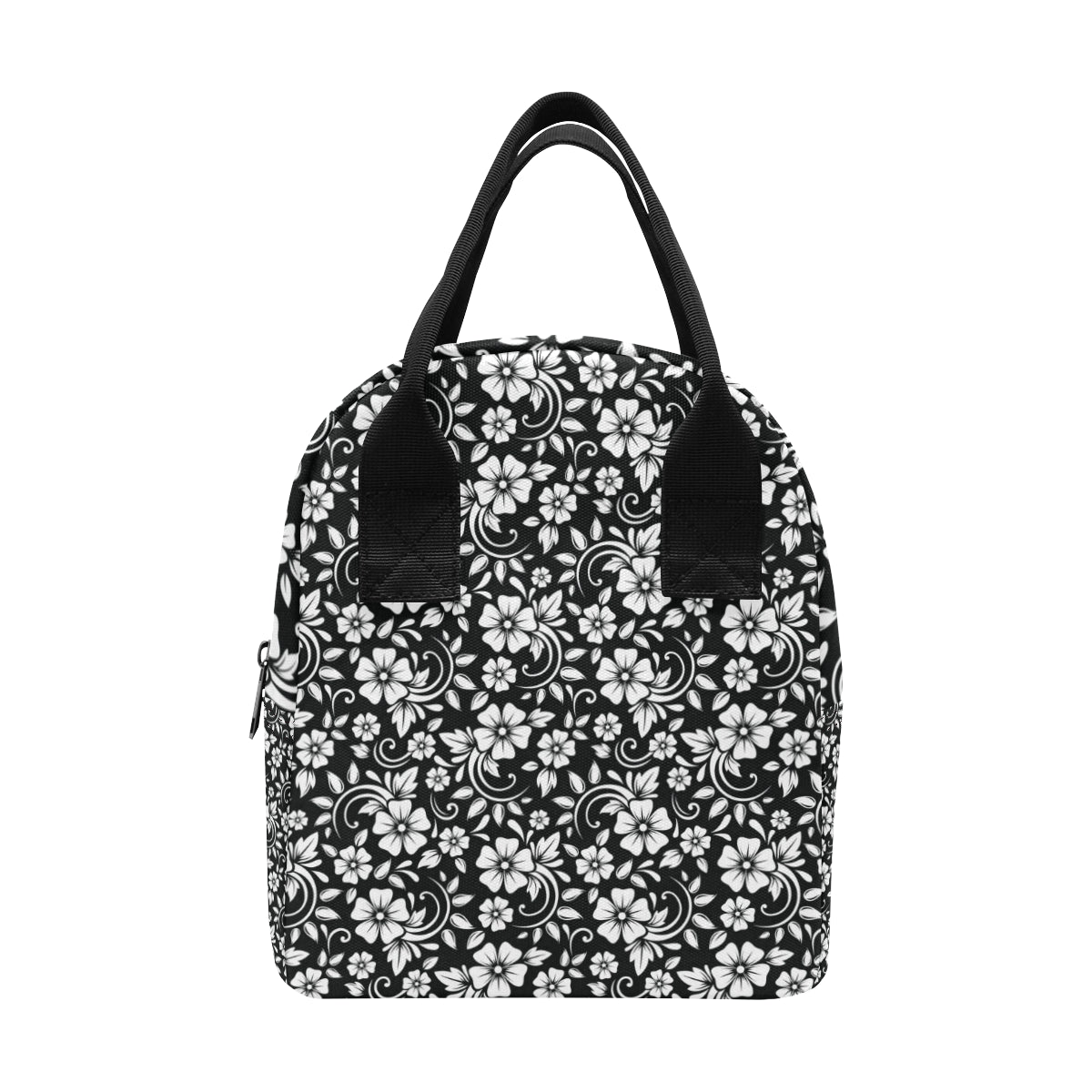 Floral Black White Themed Print Insulated Lunch Bag
