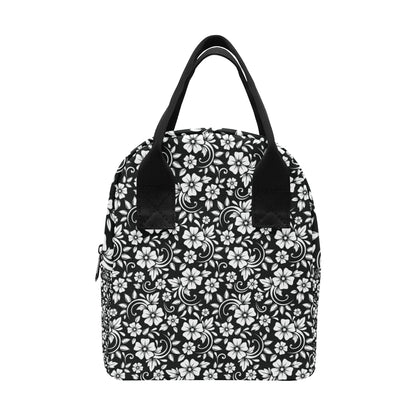 Floral Black White Themed Print Insulated Lunch Bag