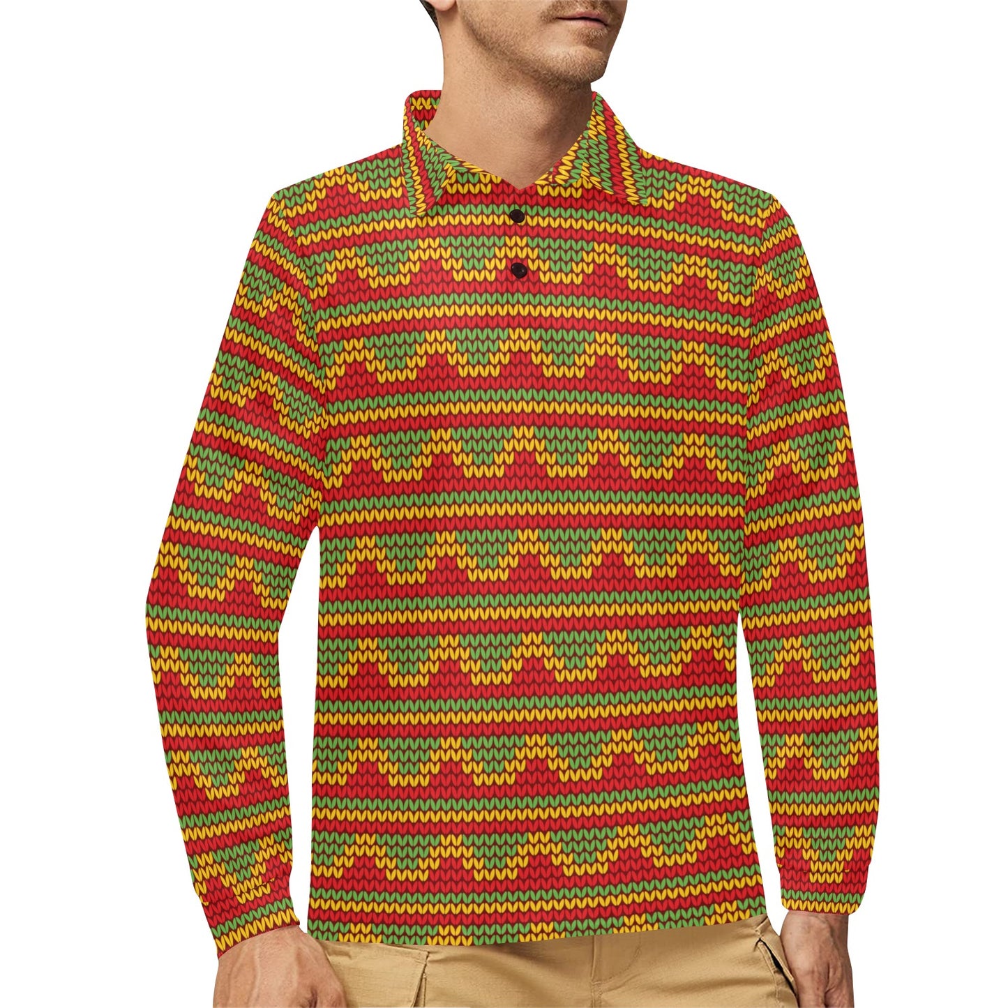 Rasta Reggae Color Print Long Sleeve Polo Shirt For Men's