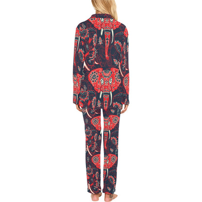 Red Indian Elephant Pattern Women's Long Pajama Set