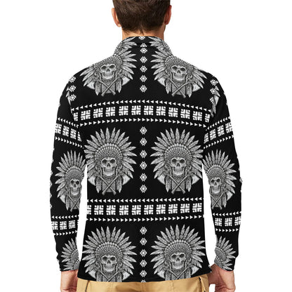 Native American Indian Skull Long Sleeve Polo Shirt For Men's