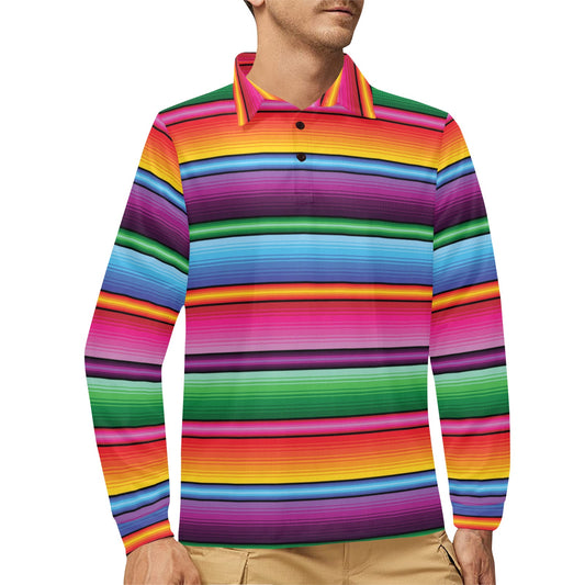 Mexican Blanket Colorful Print Pattern Long Sleeve Polo Shirt For Men's