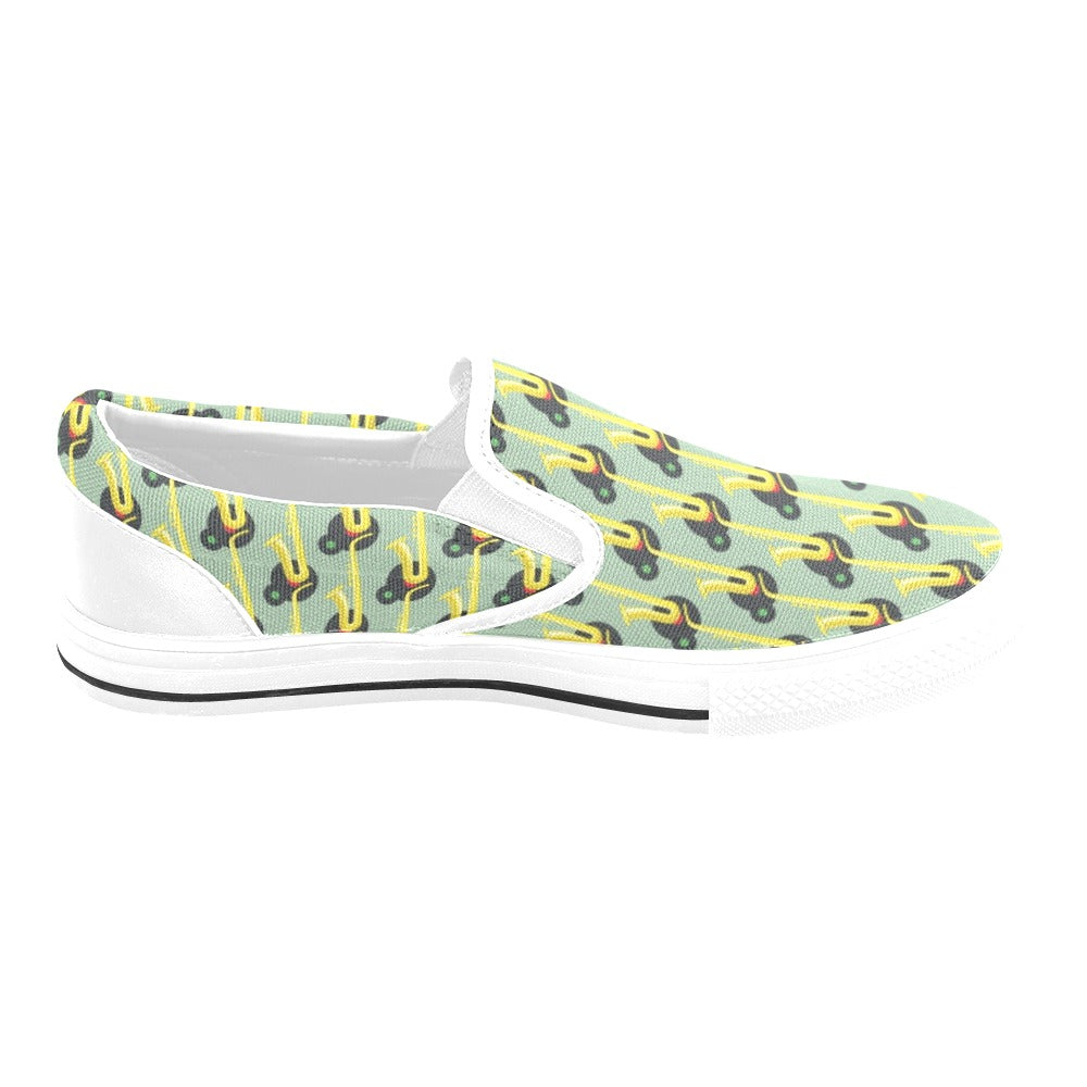Saxophone Print Design LKS405 White Slip Ons Canvas Women's Shoes