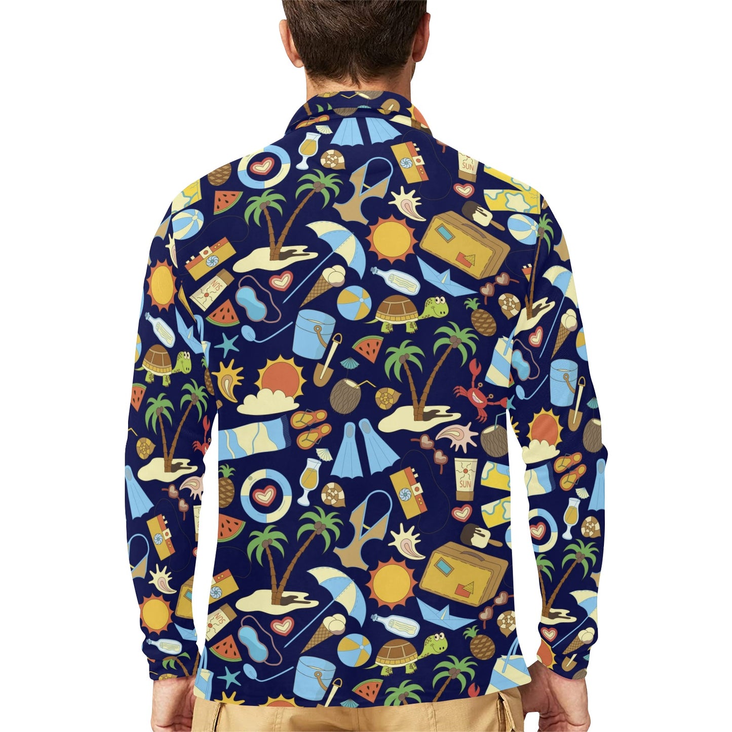 Beach Themed Pattern Print Design 04 Long Sleeve Polo Shirt For Men's