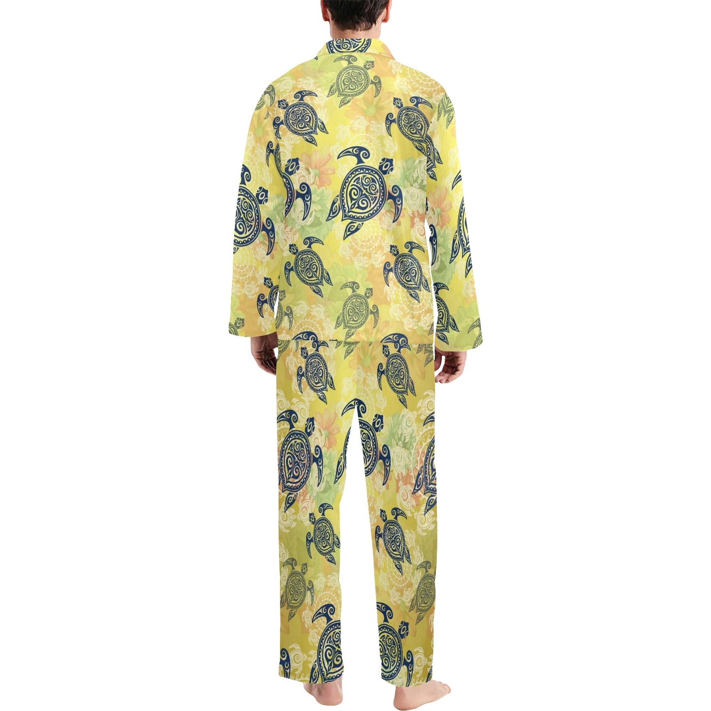 Hawaiian Turtle Tribal Design Print Men's Long Pajama Set
