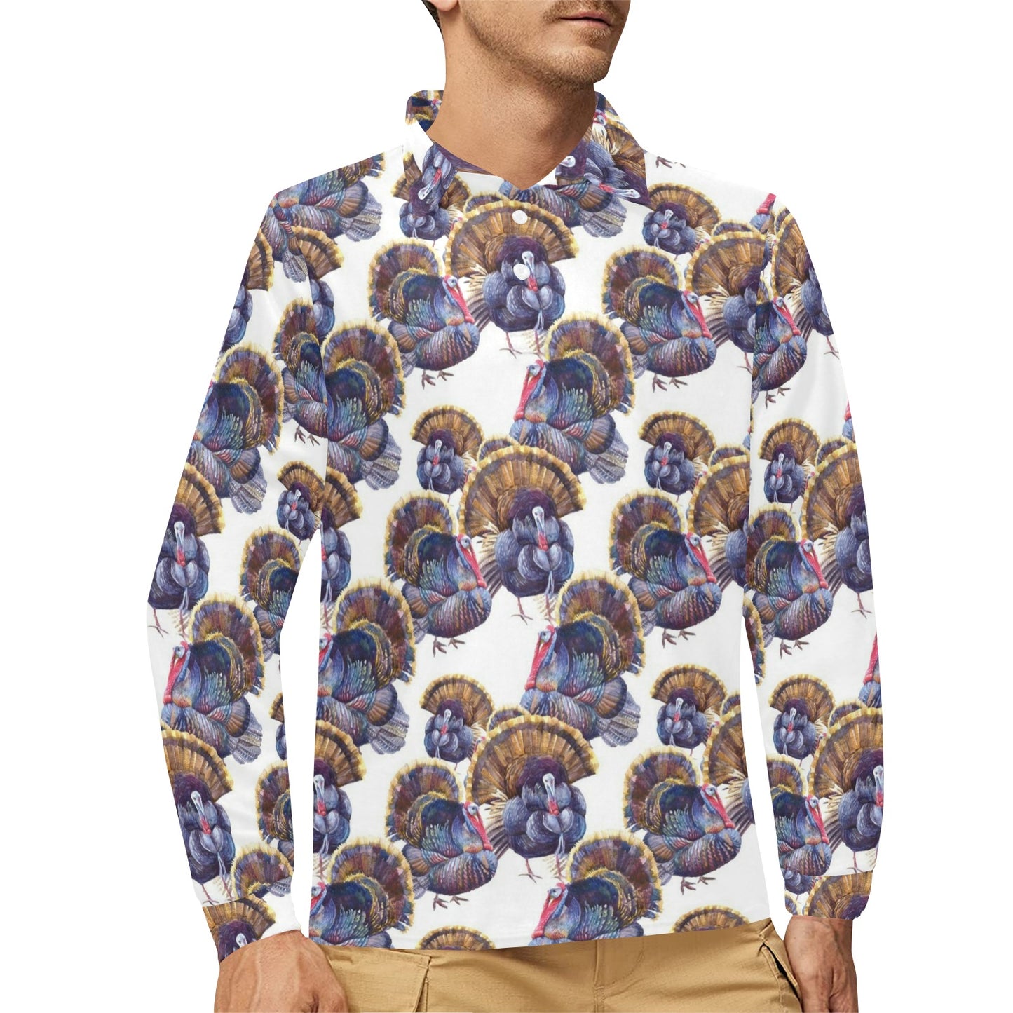 Turkey Pattern Print Design 01 Long Sleeve Polo Shirt For Men's