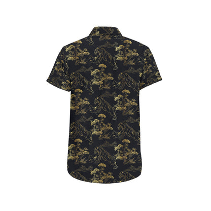 Tiger Japan Style Print Design LKS305 Men Short Sleeve Button Up Shirt