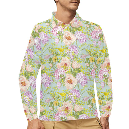 Hydrangea Pattern Print Design HD02 Long Sleeve Polo Shirt For Men's