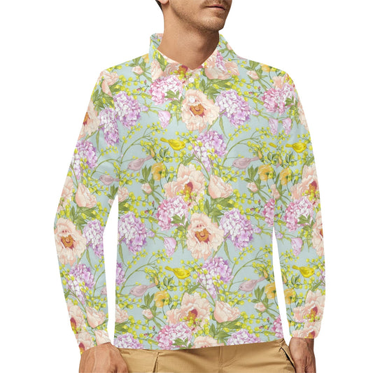 Hydrangea Pattern Print Design HD02 Long Sleeve Polo Shirt For Men's