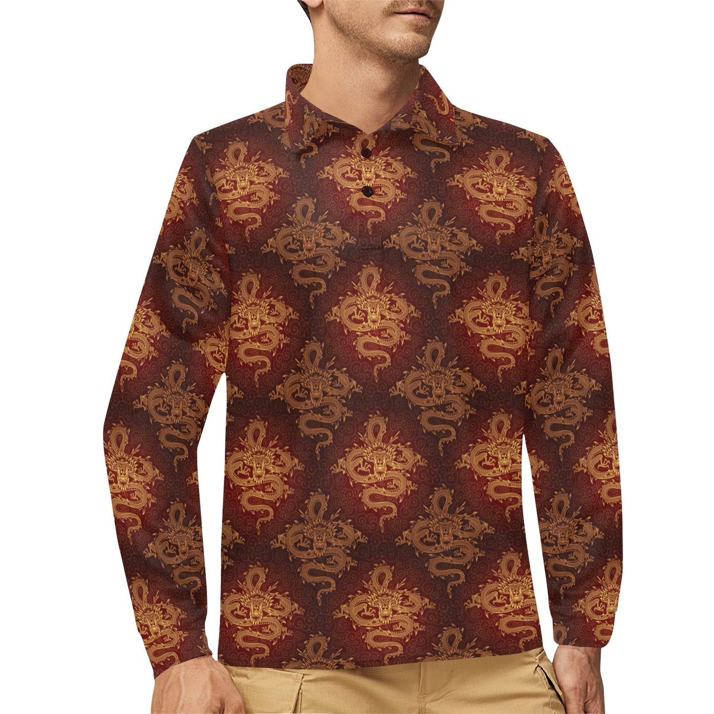 Chinese Dragons Gold Design Long Sleeve Polo Shirt For Men's