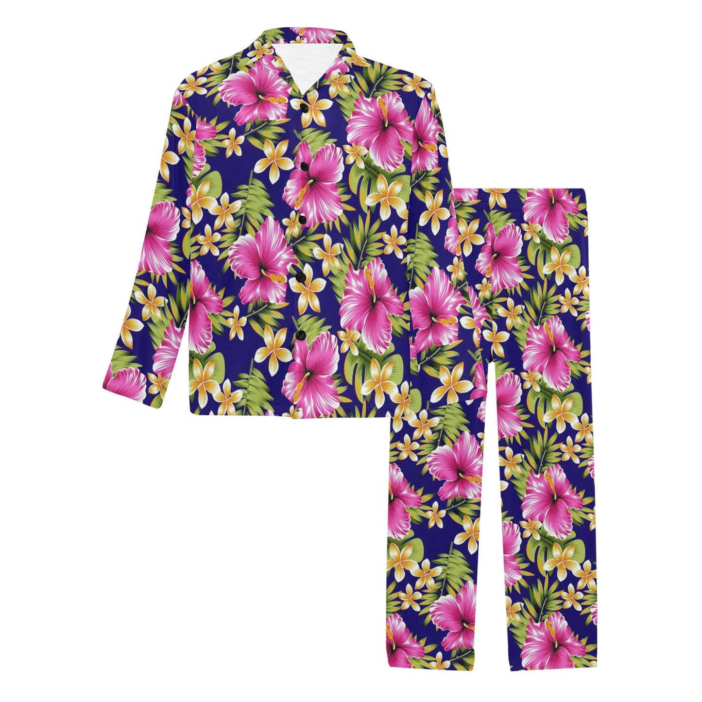 Pink Hibiscus Pattern Print Design HB027 Men's Long Pajama Set