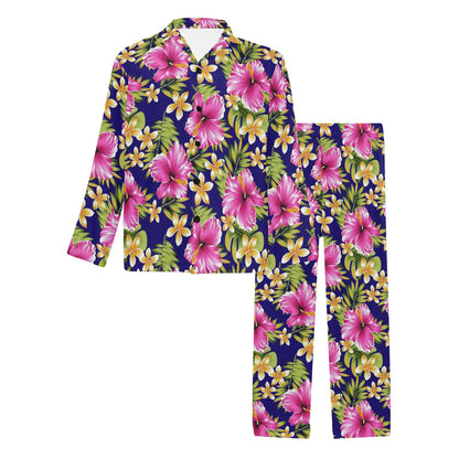 Pink Hibiscus Pattern Print Design HB027 Men's Long Pajama Set