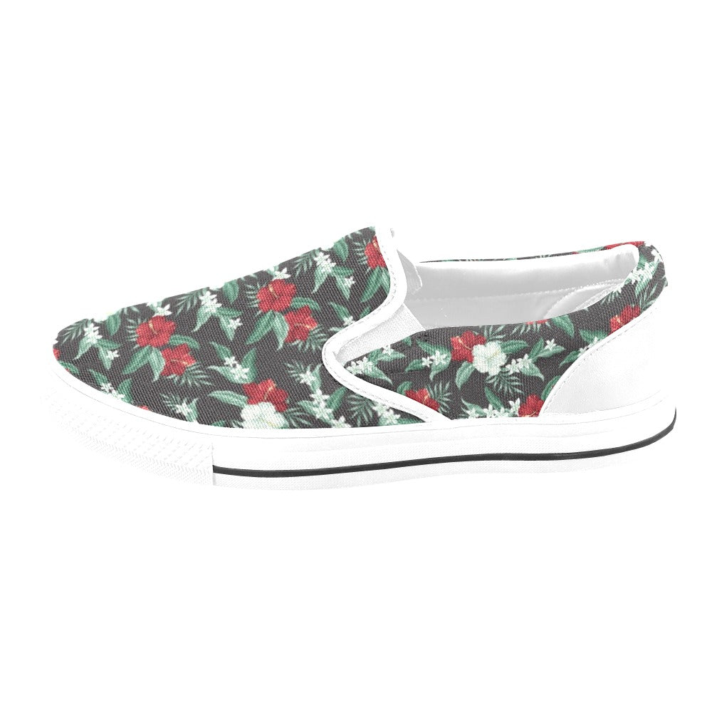 Tropical Flower Print Design LKS303 White Slip Ons Canvas Women's Shoes