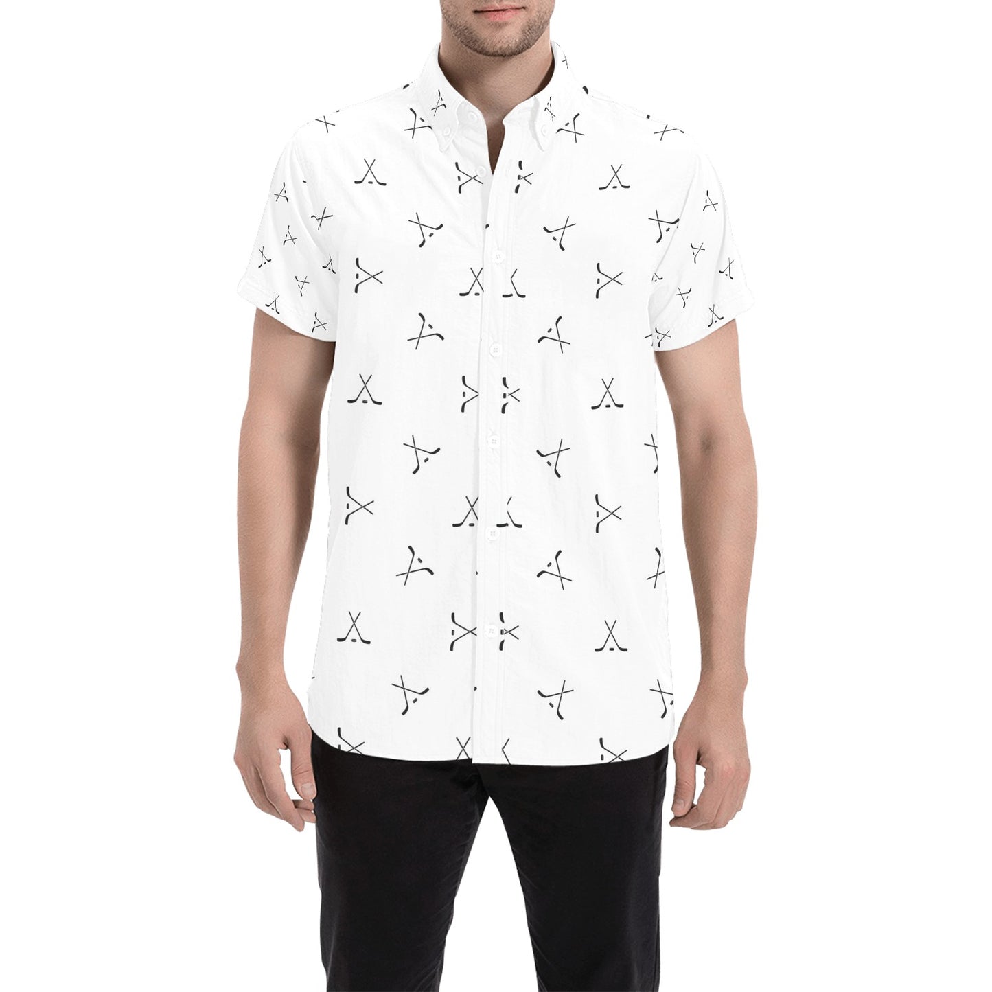 Hockey Print Design LKS304 Men Short Sleeve Button Up Shirt