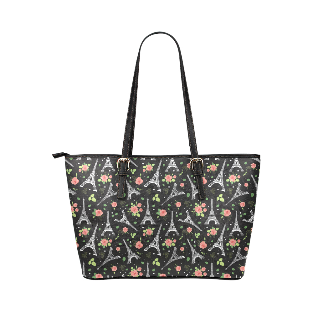 Eiffel Tower Rose Print Leather Tote Bag