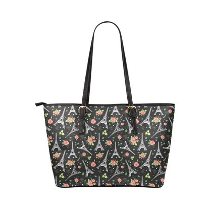 Eiffel Tower Rose Print Leather Tote Bag