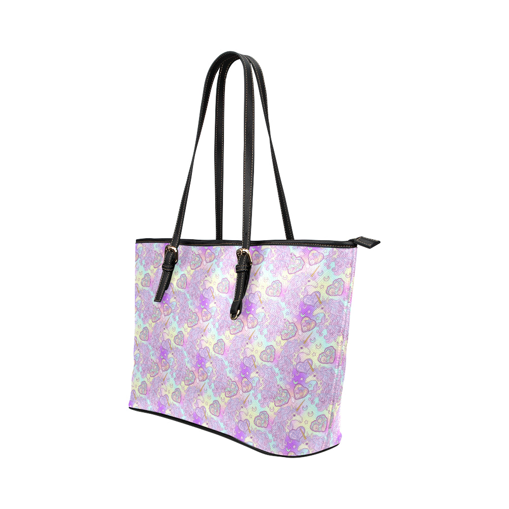 Unicorn Rainbow Star Heart Print Leather Tote Bag