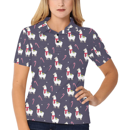 Llama with Candy Cane Themed Print Women's Polo Shirt