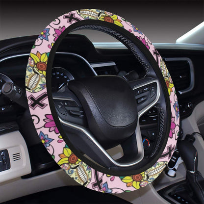 Sugar Skull Print Design LKS307 Steering Wheel Cover with Elastic Edge