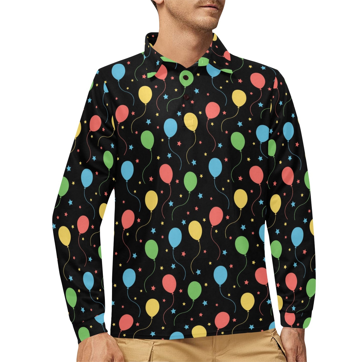 Ballon Colorful Pattern Print Design 04 Long Sleeve Polo Shirt For Men's