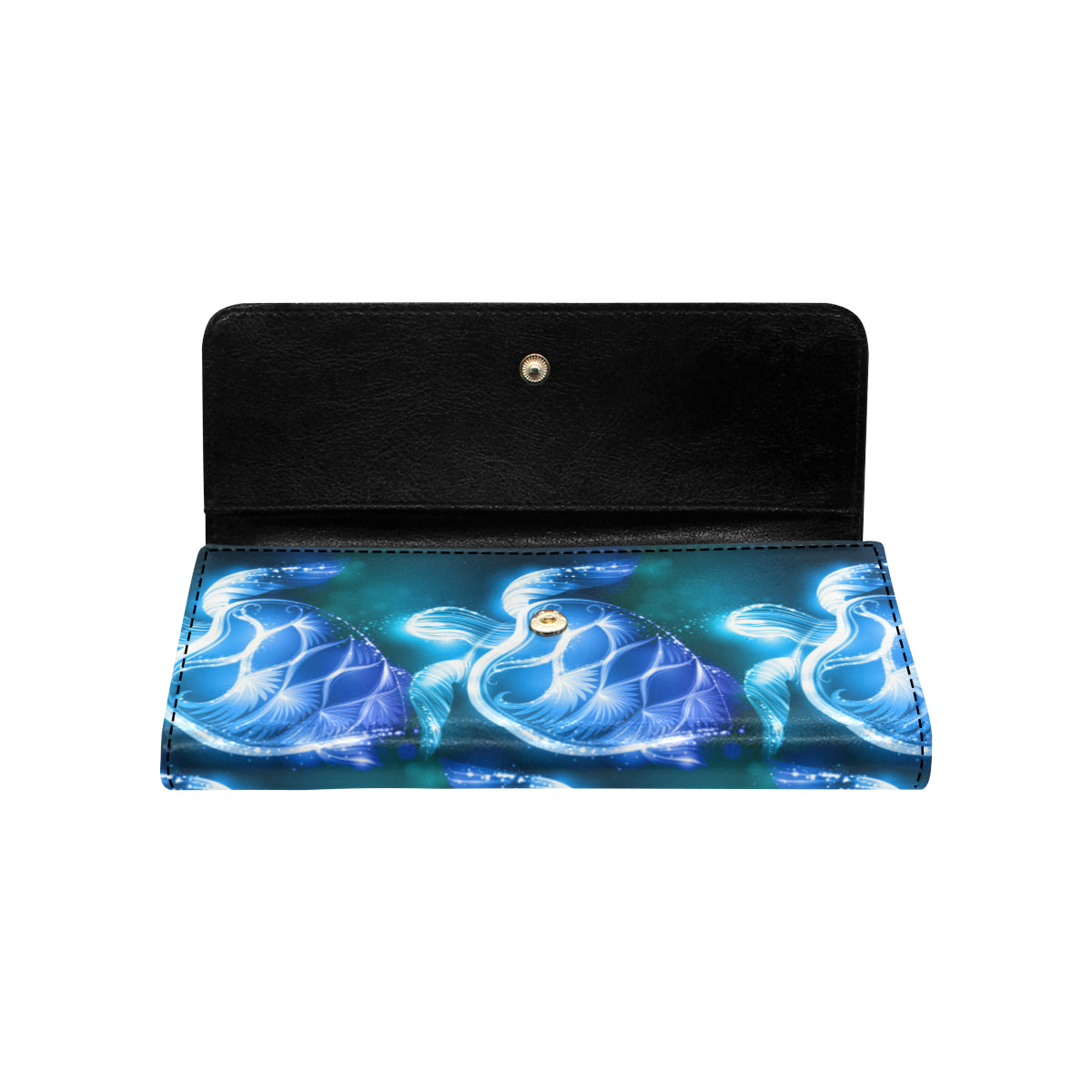 Blue Neon Sea Turtle Print Women's Trifold Wallet