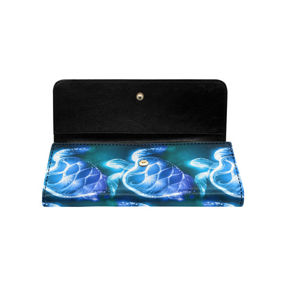 Blue Neon Sea Turtle Print Women's Trifold Wallet