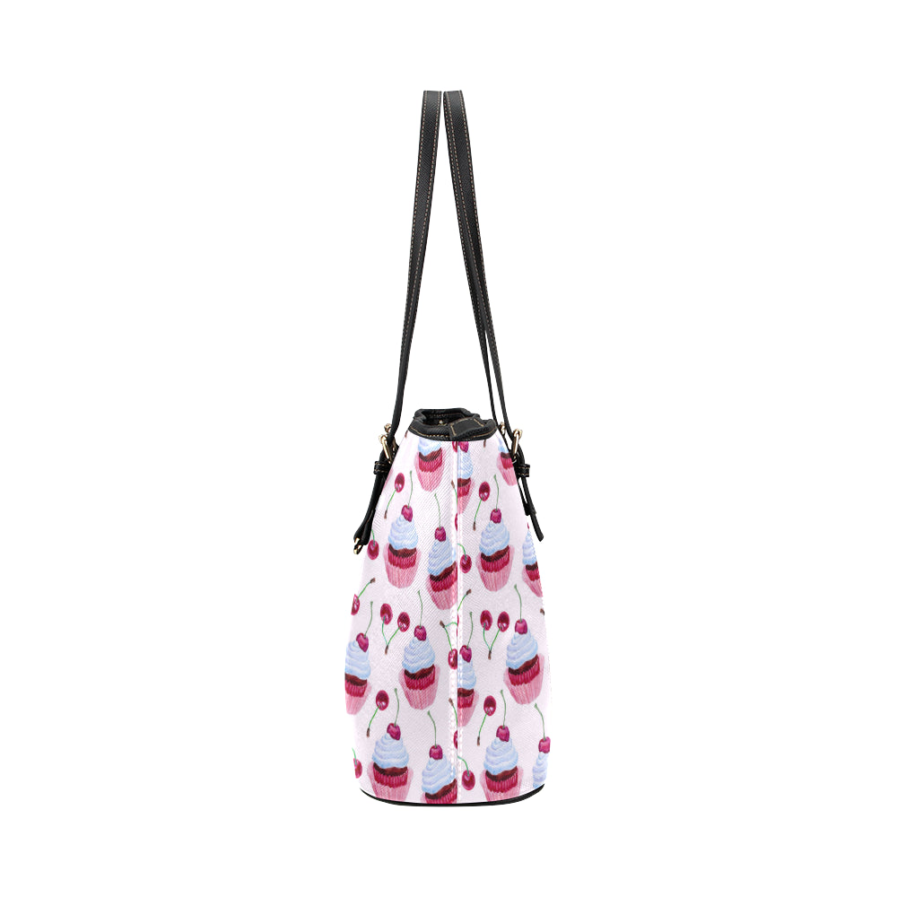 Cherry Cupcake Pink Pattern Leather Tote Bag