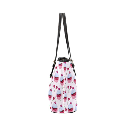 Cherry Cupcake Pink Pattern Leather Tote Bag