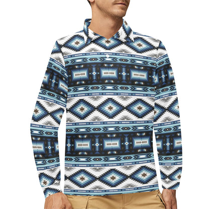 Navajo Dark Blue Print Pattern Long Sleeve Polo Shirt For Men's