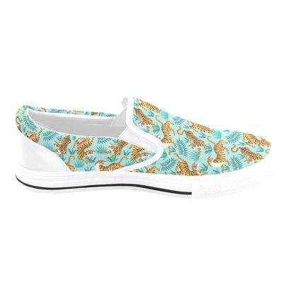 Tiger Print Design LKS304 White Slip Ons Canvas Women's Shoes