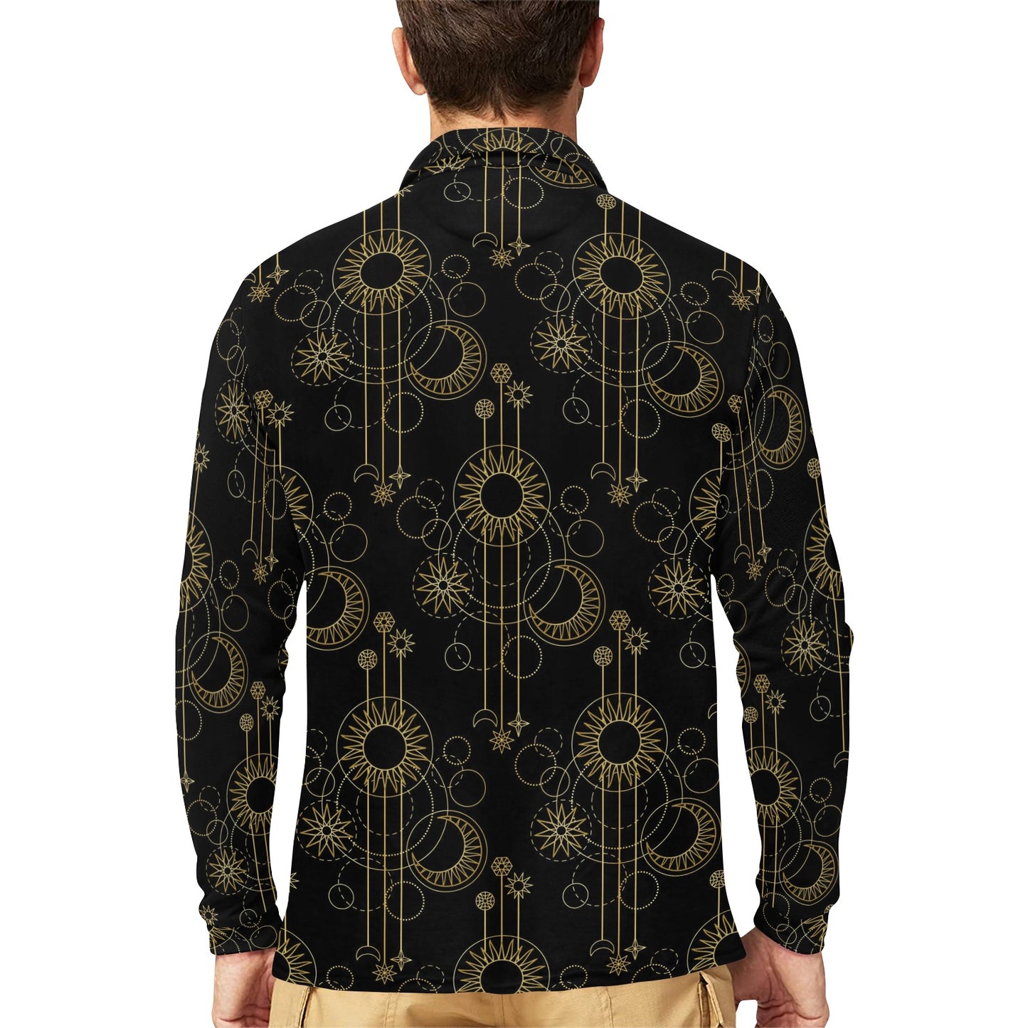 Moon Boho Style Pattern Print Design 01 Long Sleeve Polo Shirt For Men's