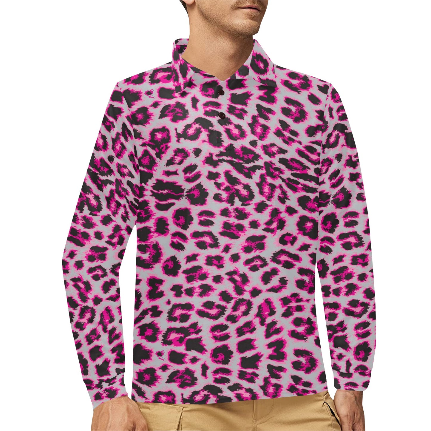 Leopard Pattern Print Design 02 Long Sleeve Polo Shirt For Men's