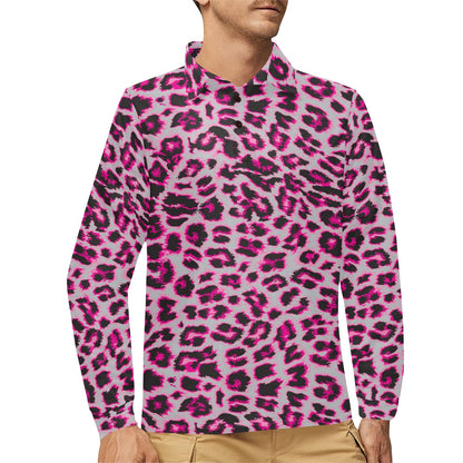 Leopard Pattern Print Design 02 Long Sleeve Polo Shirt For Men's