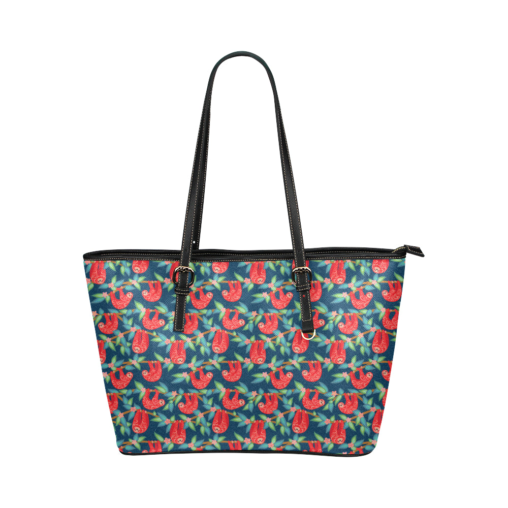 Sloth Red Design Themed Print Leather Tote Bag