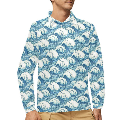Wave Japan Style Print Design LKS304 Long Sleeve Polo Shirt For Men's